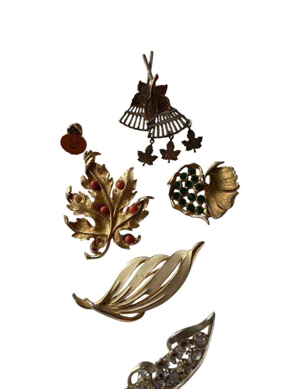 80's Autumn-Themed Brooch Pin Lot With Crystal & Enamel Vintage Gold-Tone Leaf
